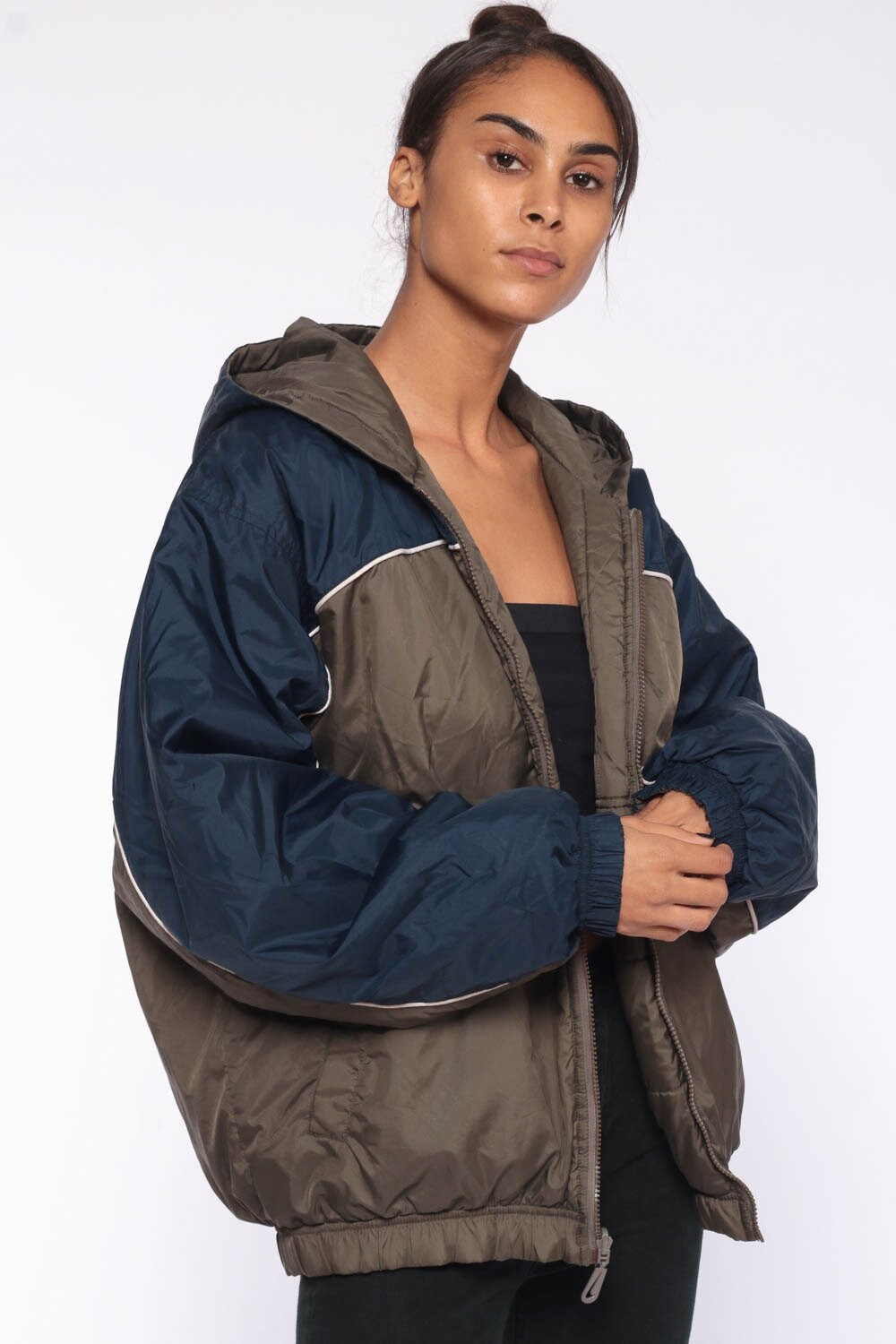 Hooded Nike Windbreaker Jacket Brown Blue Nylon Jacket 90s Hood Color Block Hooded Warm Up 