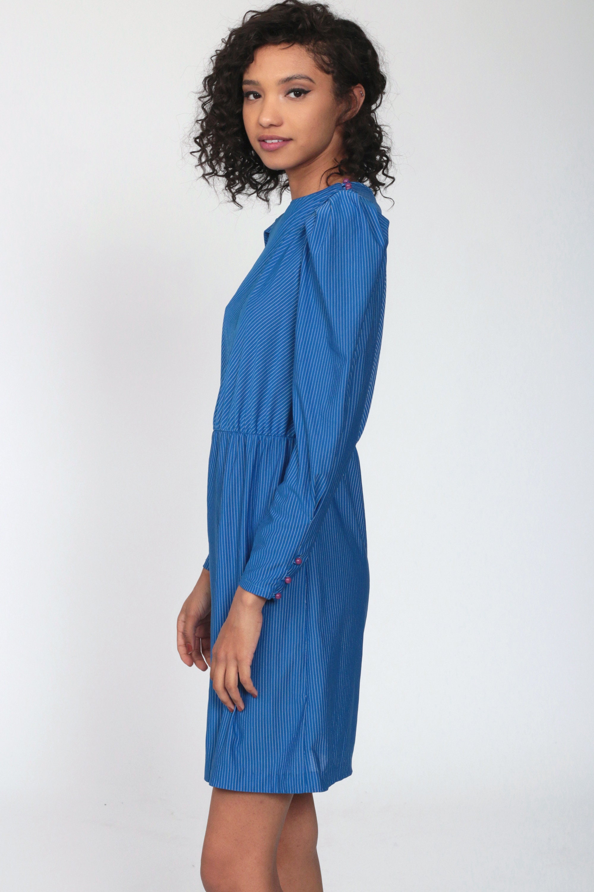 80s Puff Sleeve Dress Royal Blue Pinstripe Dress Mini Dress Secretary