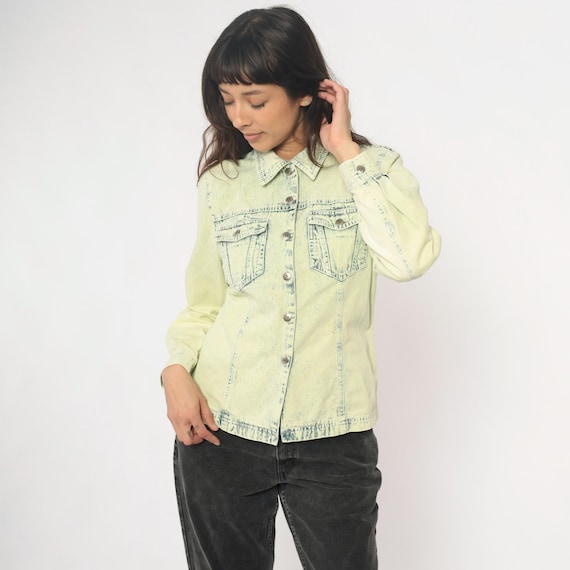 90s Acid Wash Denim Shirt Yellow Long Sleeve Cotton Chest Pockets Collared Fitted Jean Pale Lemon Stone Wash Vintage Casual Western Small S