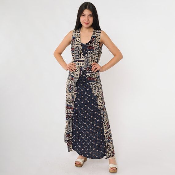Patchwork Maxi Dress 90s Bohemian Block Print Sleeveless Button Front Grunge Alternative Festival Hippie Vintage Earthy Patchwork Large L 14