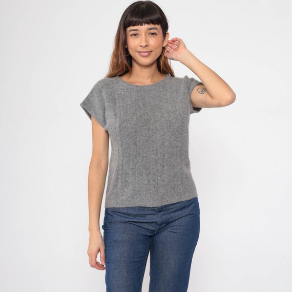 Grey Sweater Top 80s Cap Sleeve Ribbed Lambswool … - image 2