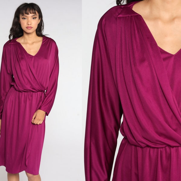 70s Disco Party Dress Purple Grecian 70s WRAP Dress Boho Midi Deep V Neck High Waist Vintage Long Sleeve Formal Bohemian Drape Medium