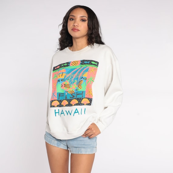 Hawaii Fish Sweatshirt Neon Hawaiian Sweatshirt 80s Sweatshirt Graphic Print Slouch Pullover 90s Shirt Vintage White Large L