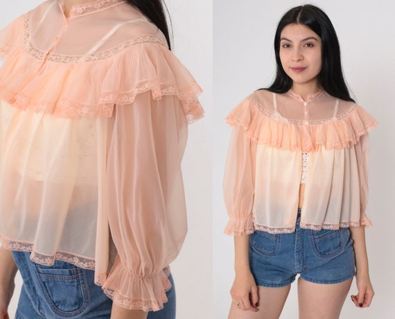 70s Bed Jacket Peach Pink Lingerie Top Ruffled La… - image 1