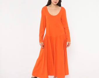 90s Orange Cotton Dress Drop Waist Long Sleeve Pullover Rust Terracotta Cottagecore Grunge Halloween Pumpkin Costume Oakbrook Sport Medium M