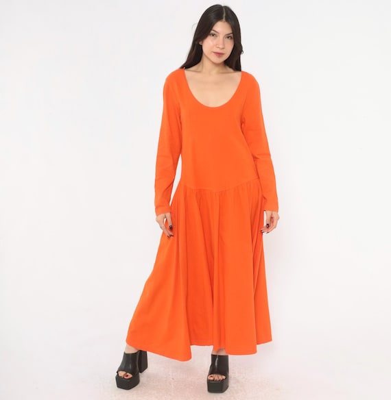90s Orange Cotton Dress Drop Waist Long Sleeve Pullover Rust Terracotta Cottagecore Grunge Halloween Pumpkin Costume Oakbrook Sport Medium M