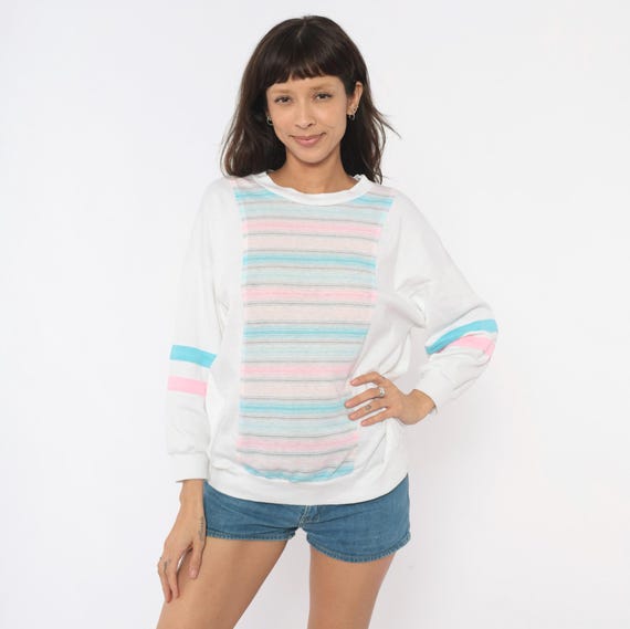 80s Pastel Striped Sweatshirt Cotton Pink Blue Color Block Long Sleeve Pullover Sporty Collegiate Varsity Arm Stripe Vintage Top Medium M