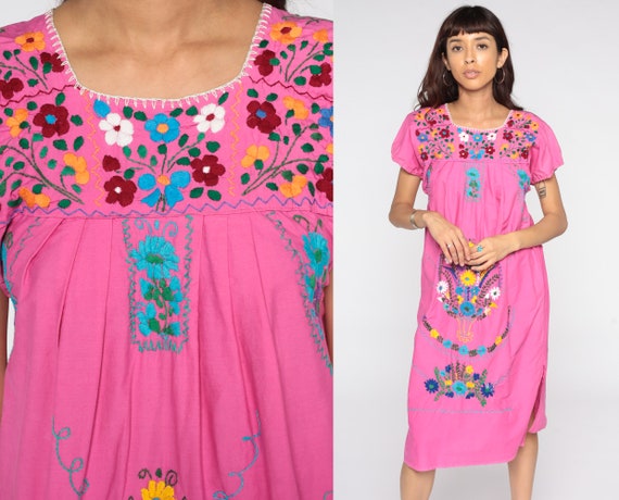 Pink Mexican Dress Embroidered Midi Dress Boho Cotton Tunic Peasant Dress Hippie Floral 80s Bohemian Dress Vintage Medium