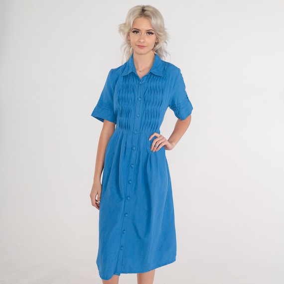 Blue Midi Dress 90s Button up Day Dress Short Sleeve High Waisted Pleated Collared Shirtdress Retro Simple Secretary Vintage 1990s Small S