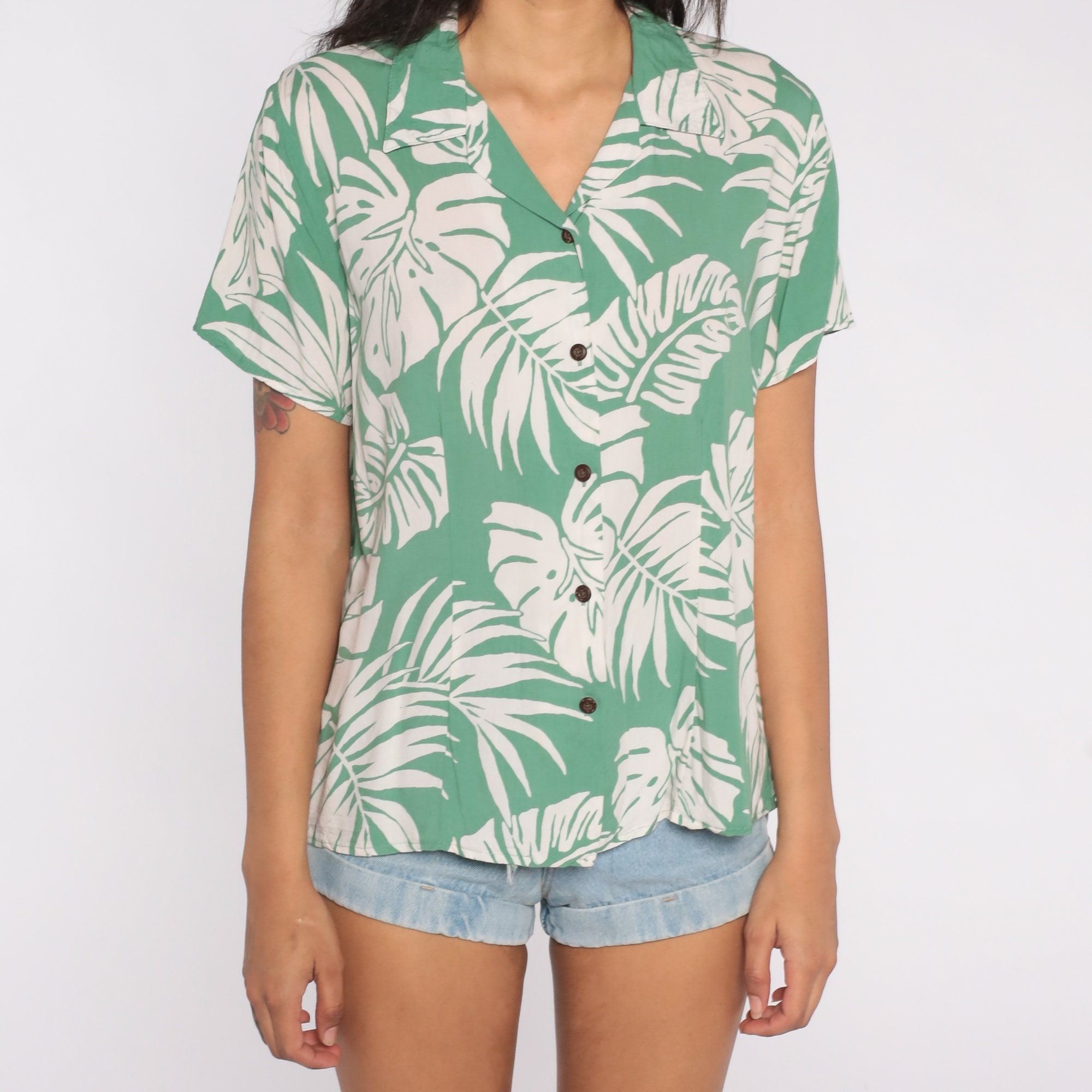 90s Tropical Shirt Green Shirt Hawaiian Blouse Button Up 80s Vintage ...