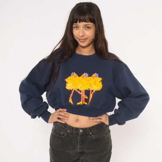 Dancing Chickens Sweatshirt 90s Navy Blue Graphic Pullover Crewneck Crop Top Yellow Bird Flower Cartoon Quirky Vintage Medium Large M L