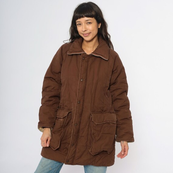 80s REI Brown Quilted Puffer Coat Outdoor Work Jacket Zip Up Pockets Vintage Utility Parka Padded Winter Chocolate Gorpcore Workwear Large L