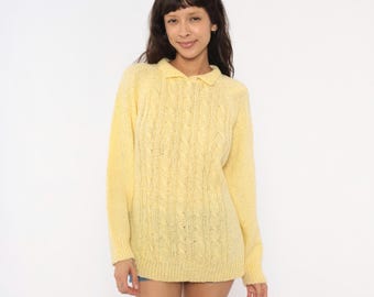 80er Jahre Zopfmuster Polo Pullover Gelb Butter Kragen Perle Knopf Kragen Zitronencreme Strickpullover Preppy Academic Style Vintage Top Large L