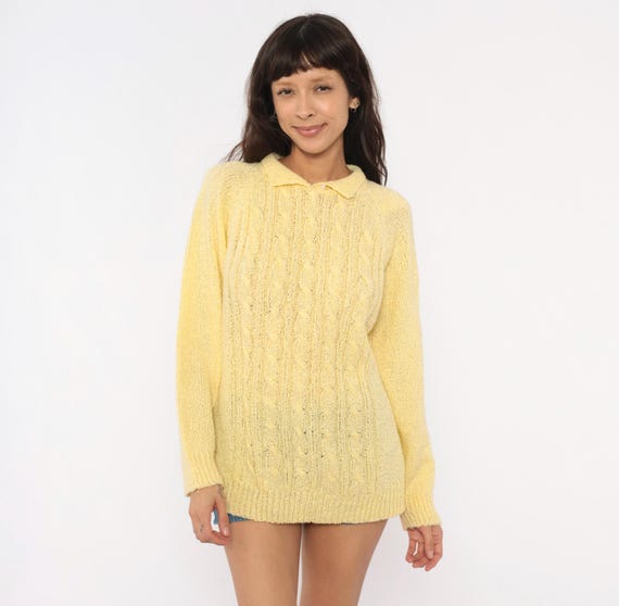 80s Cable Knit Polo Sweater Yellow Butter Collared Pearl Button Neck Lemon Cream Knitted Jumper Preppy Academic Style Vintage Top Large L