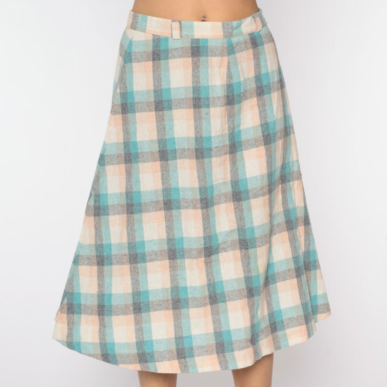 Wool Plaid Skirt Tartan Skirt Midi Kilt School Girl High Waist 70s Checkered Retro Vintage Turquoise White Peach Medium image 7