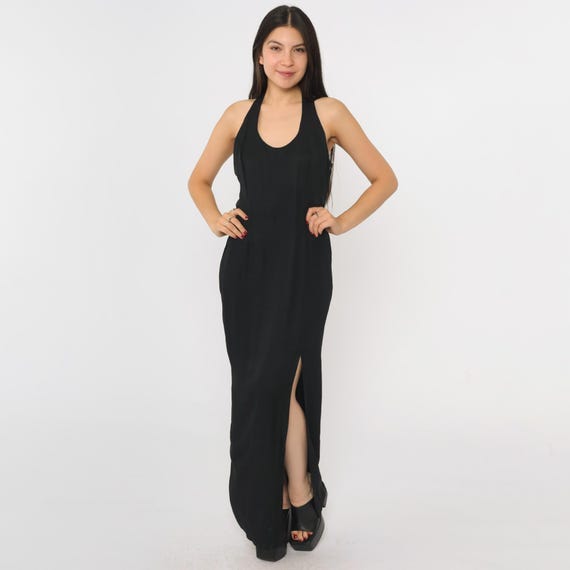 Vintage Black Party Dress Racerback 90s Party Dress Jessica McClintock Embroidered Maxi Backless Sexy Side Slit Cocktail Formal Small S