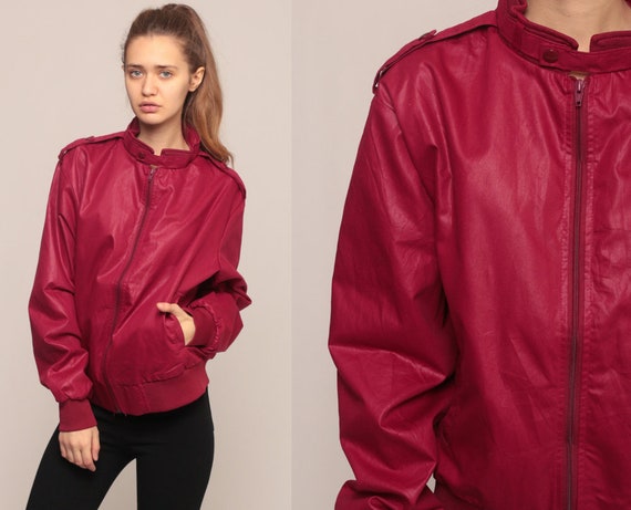 Bomber Jacket Cafe Racer Jacket 80s Windbreaker Moto Jacket Burgundy Jacket Hipster Coat Vintage 1980s Lightweight Maroon Medium Large