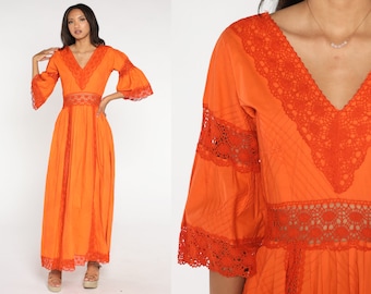 70s Mexican Dress Orange Bohemian Wedding Crochet LACE Sheer Bell Sleeve Pintuck V Neck Boho Hippie Vintage Empire Waist Extra Small xs