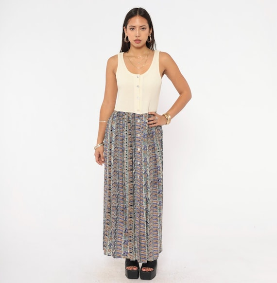 90s Waffle Knit Maxi Dress Cream Bodice Floral Print Skirt Button Front Sleeveless Cotton Prairie Summer Soft Grunge Alt Vintage Medium M