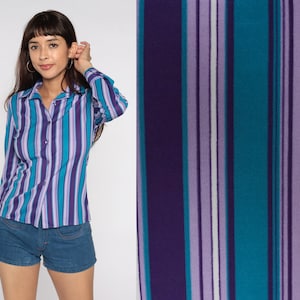 Striped Button Up Shirt 80s Blouse Collared Long Sleeve Secretary Top 1980s Vintage Preppy Purple Blue Stripes 70s Style Retro Basic Small S