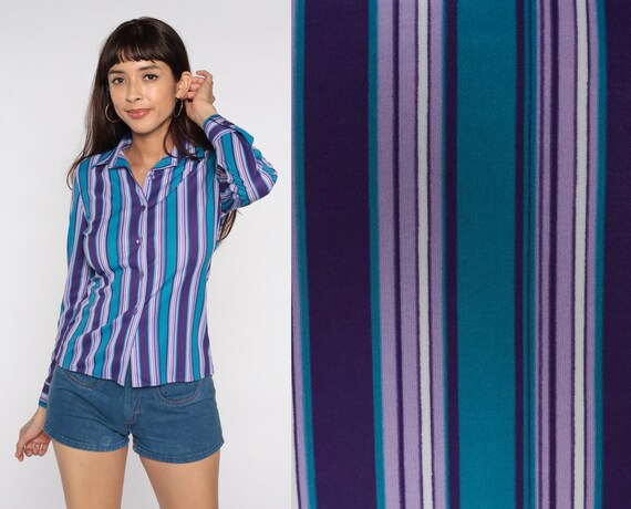 Striped Button Up Shirt 80s Blouse Collared Long Sleeve Secretary Top 1980s Vintage Preppy Purple Blue Stripes 70s Style Retro Basic Small S