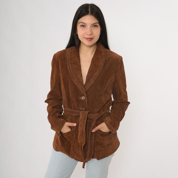 Brown Suede Jacket Vintage 90s Belted Waist Button Front Shawl Collar Western Cowgirl Ranch Wear Genuine Leather Blazer Style Large L