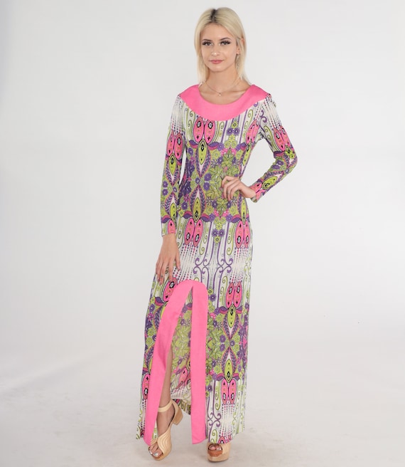 60s 70s Hippie Dress Psychedelic Floral Maxi Dress 1970s Hot Pink Lime Green Dress Boho Long Sleeve High Slit Bohemian Vintage Small xs