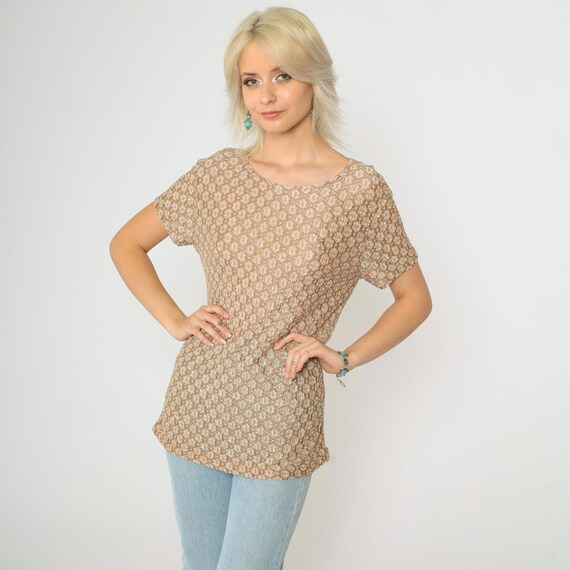 Floral Lace Top 90s Tan Blouse Boho Blouse Bohemian Semi-Sheer Short Sleeve Tee 1990s Retro Scoop Neck Clio Medium