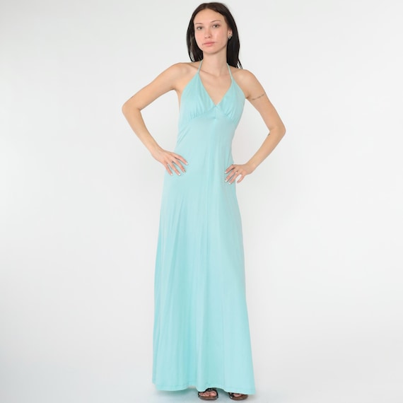 70s Halter Maxi Dress Long Light Blue Dress 1970s Party Grecian Open Back Deep V Neck Boho Empire Waist Vintage Bohemian Extra Small xs