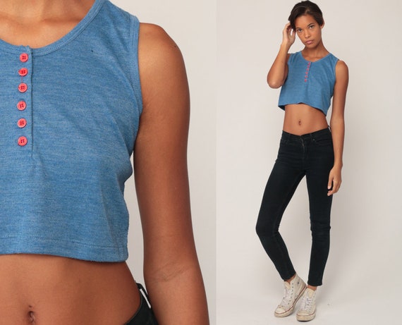 80s Crop Top Sleeveless Shirt Blue Tank Top Button Up Shirt Vintage Plain Grunge Tank Top Polo Normcore 1980s Extra Small xs