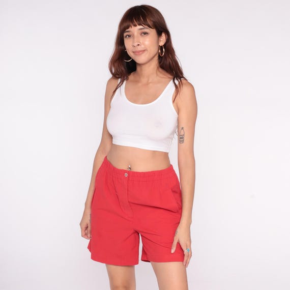 90s Red Trousers Shorts High Waisted Elastic Waist Casual Summer Vintage Coral Bright Pockets Relaxed Fit Everyday Beach Vacation Small S