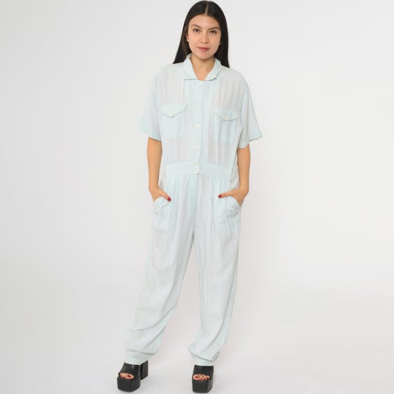 Vintage Light Blue Jumpsuit 90s Plain Pantsuit Retro Button Up High Waisted Short Sleeve Straight Leg Utility Pocket 1990s Semi-Sheer Large