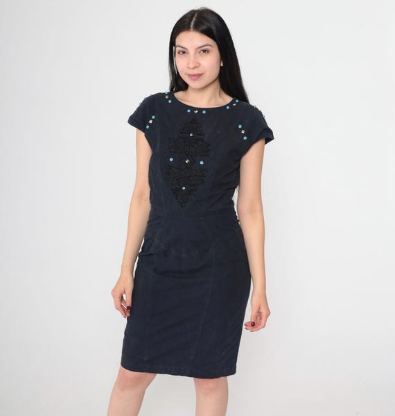 Vintage Black Southwestern Dress 90s Embroidered Cap Sleeve Turquoise Studs Low V Back Bodycon Mini Dress 1990s Western Pencil Dress Small