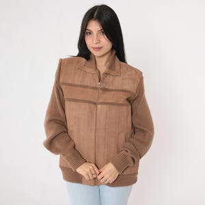 Vintage Brown Suede Knit Jacket 80s Striped Leather Bomber Jacket Retro Sweater Zip Up Hippie Boho Coat Boho 1980s Medium M