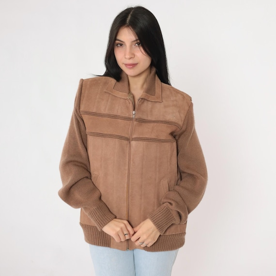 Vintage Brown Suede Knit Jacket 80s Striped Leather Bomber Jacket Retro Sweater Zip Up Hippie Boho Coat Boho 1980s Medium M