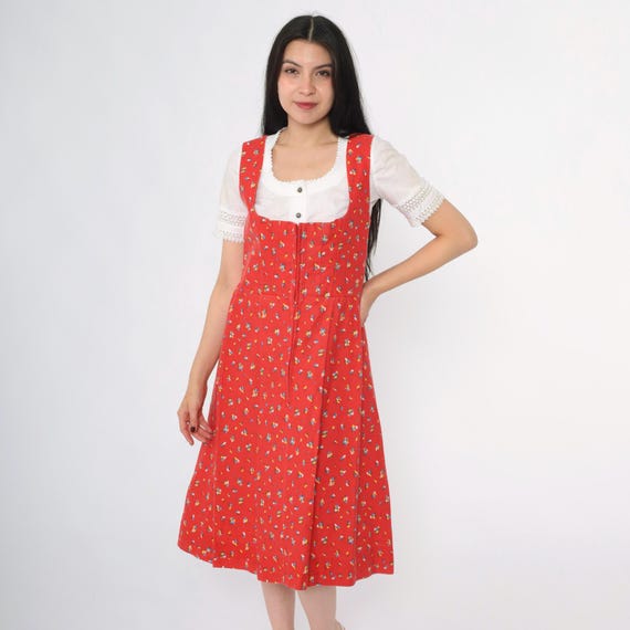 70s Dirndl Dress Red Calico Floral Midi Oktoberfest Sundress Sleeveless Zip Up High Waisted Full Skirt German Ditsy Vintage 1970s Medium 10