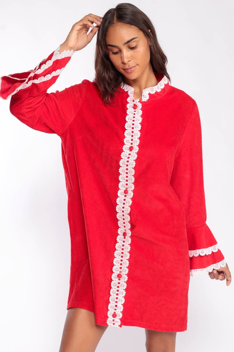 Pajama Robe Dress 70s Mini Lounge Wear Robe Red Lace Long Sleeve Loungewear Dress Tent Boho Hippie 1970s Shift Vintage Extra Large xl
