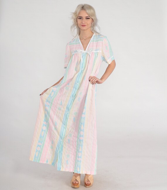Striped Nightgown 80s Seashell Print Sleep Dress Snap Up Maxi Nightie Long Pastel V Neck Girly Pink Blue Yellow Green Vintage 1980s Large L
