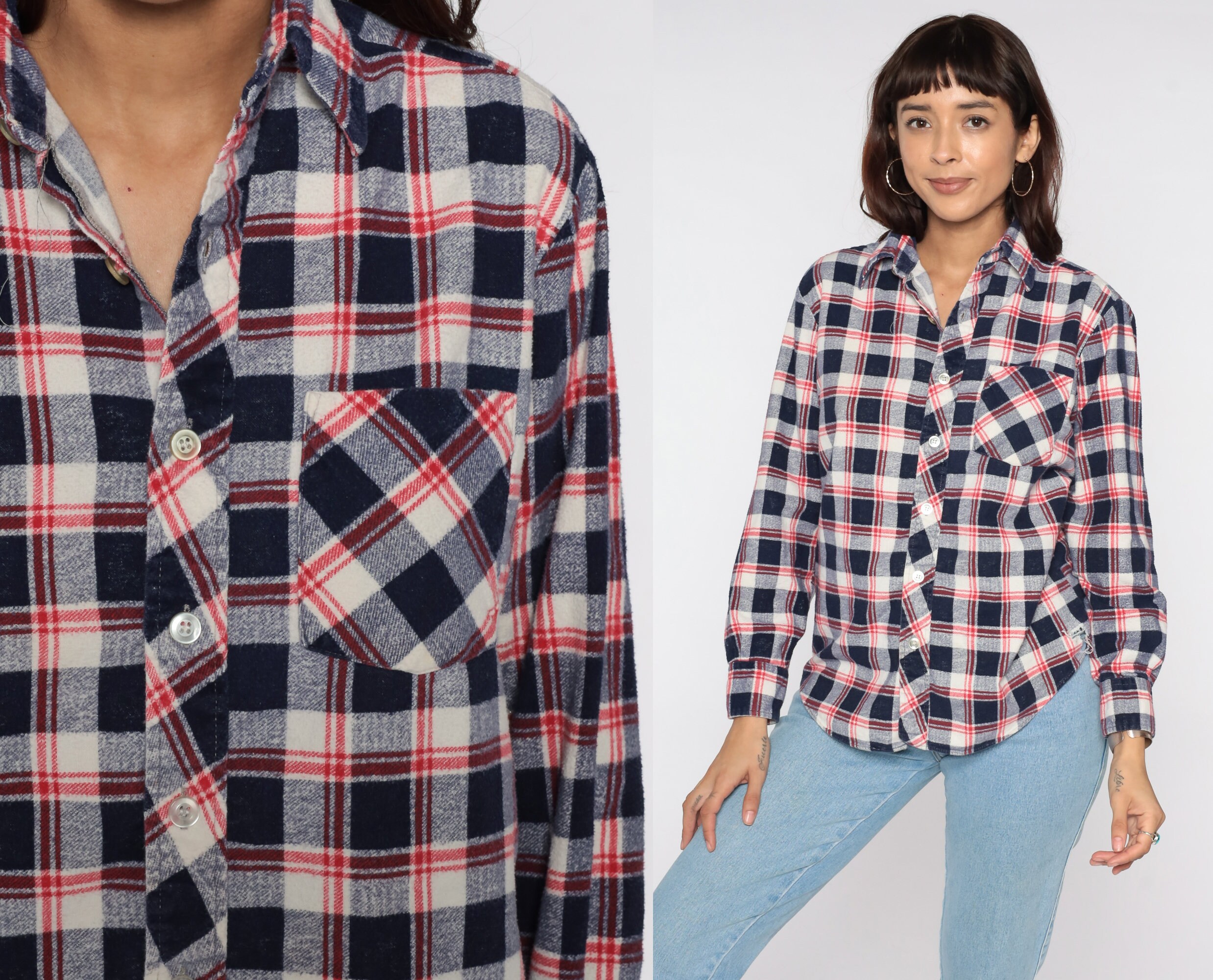 80s Plaid Shirt Red White Blue Grunge 