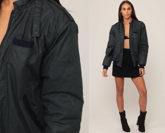 Cafe Racer Jacket 80s Bomber Windbreaker Charcoal Jacket Moto Hipster Coat Vintage 1980s Lightweight Medium Large