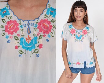 White Embroidered Blouse 90s Floral Semi-Sheer Blouse Cutout Boho Short Sleeve Hippie Summer Festival Bohemian Vintage 1990s Small S