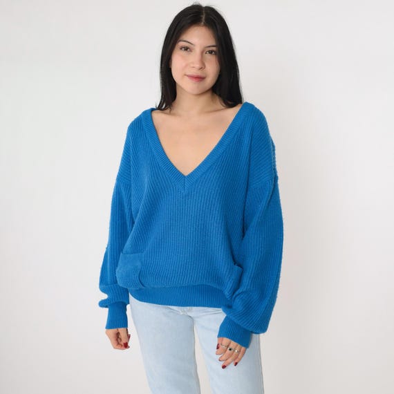 Vintage Deep V Neck Sweater 80s Blue Ribbed Knit Pullover Pocket Sweater Retro Slouchy Plain Low Neckline Fall Sweater 1980s Acrylic Large