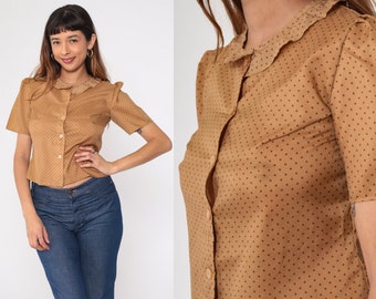 Polka Dot Blouse 80s Button up Shirt Ruffle Collared Short Puff Sleeve Top Ruffle Retro Preppy Secretary Light Brown Vintage 1980s Small S