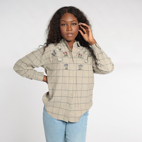 Checkered Floral Blouse 90s Embroidered Button Up… - image 3