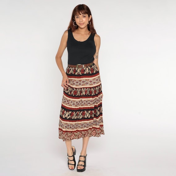 Vintage Black Floral Tank Dress 90s Broomstick Skirt Midi Summer Grunge Boho High Waisted 1990s Bohemian Belted Sleeveless Medium M