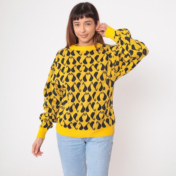 90s Paisley Sweater Yellow Black Print Crewneck Pullover Chunky Knit Top Oversized Vintage Long Sleeve Abstract Swirl Design Medium M