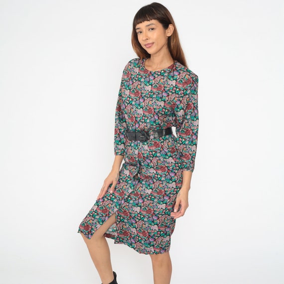 80s Floral Dress Sheath Midi Dress Button Up Back… - image 3