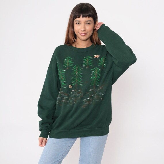 Hand Painted Tree Sweatshirt 90s Teddy Bear Forest Ranger Eagle Graphic Crewneck Sweatshirt 1990s Vintage Dark Green Jerzees Extra Large xl