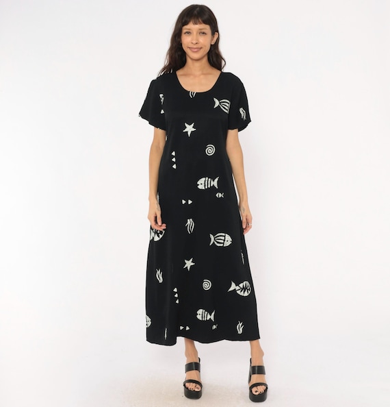 90s Fish Print Maxi Dress Black White Sea Life Starfish Spiral Novelty Pattern Short Sleeve Pullover Relaxed Fit Eclectic Vintage Large L
