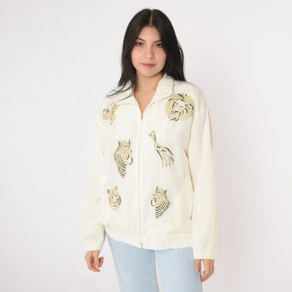 Vintage Safari Animal Windbreaker Jacket 90s off-White Embroidered Tiger Zebra Lion Jacket Gold Jungle Full Zip Up Giraffe Oversized Small S